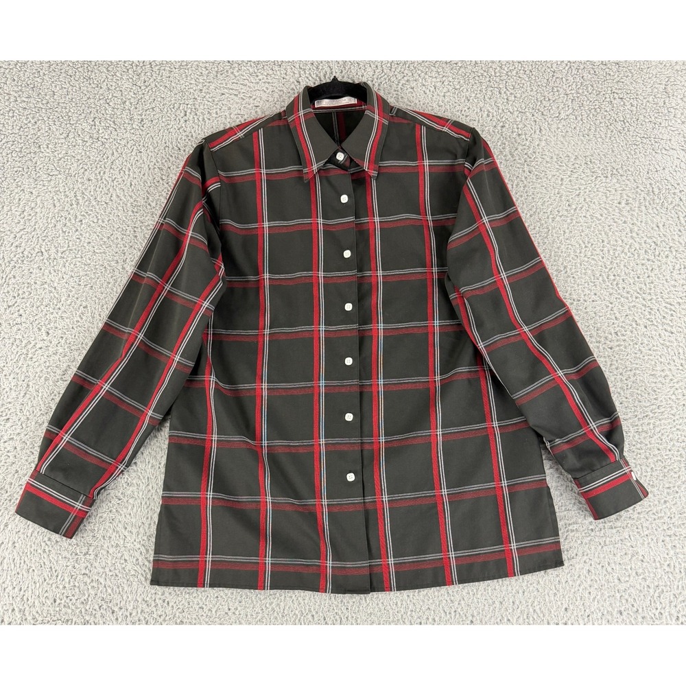 Foxcroft Button Down Shirt Womens 8 Black Red Plaid Wrinkle Free Long Sleeve Top